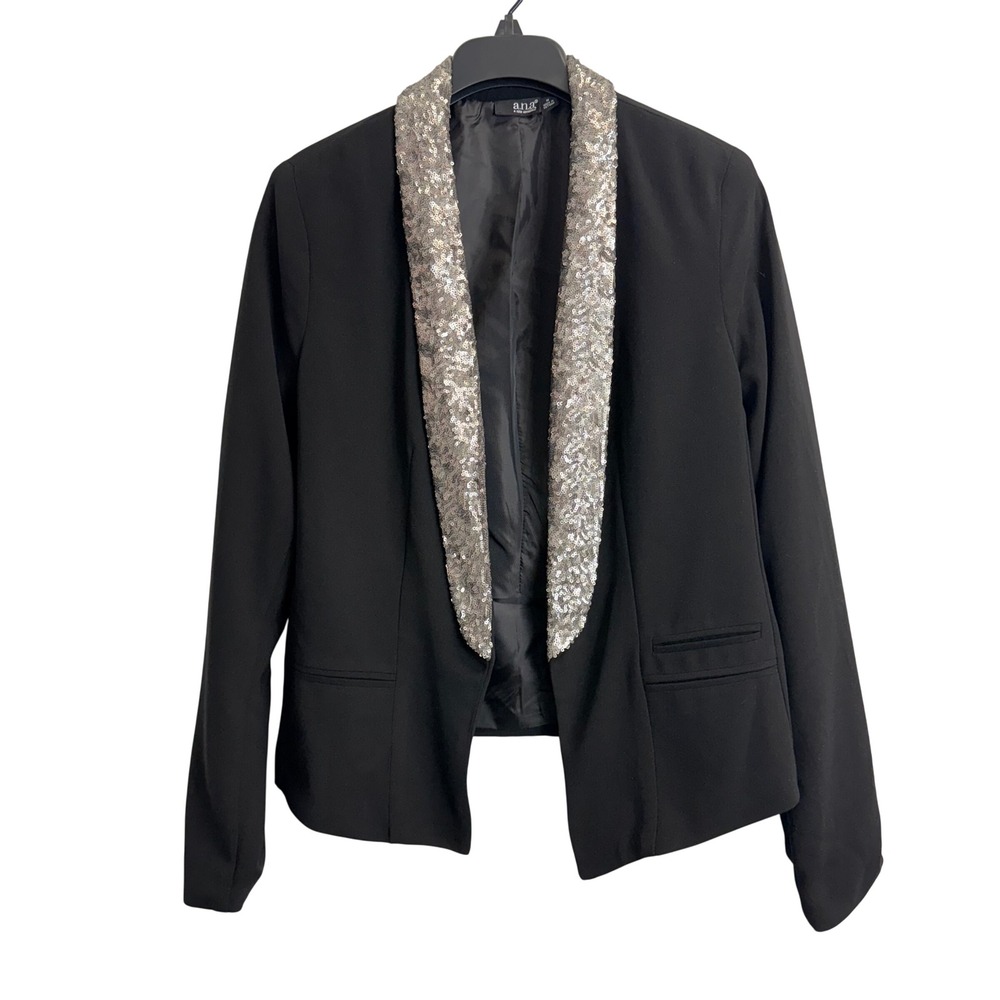 a.n.a Womens Black Sequin Shawl Collar Open Front Blazer Jacket Silver Sparkle M
